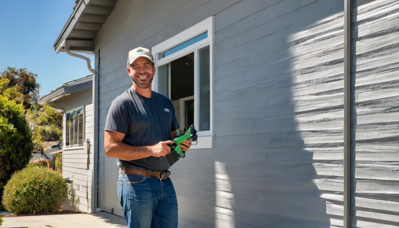 A friendly homeowner and a siding provider reviewing new siding panels on a stucco ranch home in the Los Angeles area