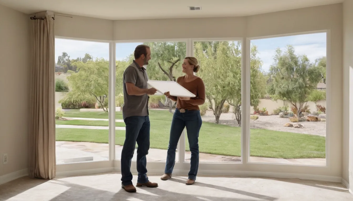 A friendly provider showing a homeowner a new vinyl window sample inside a stucco ranch home in the Los Angeles area